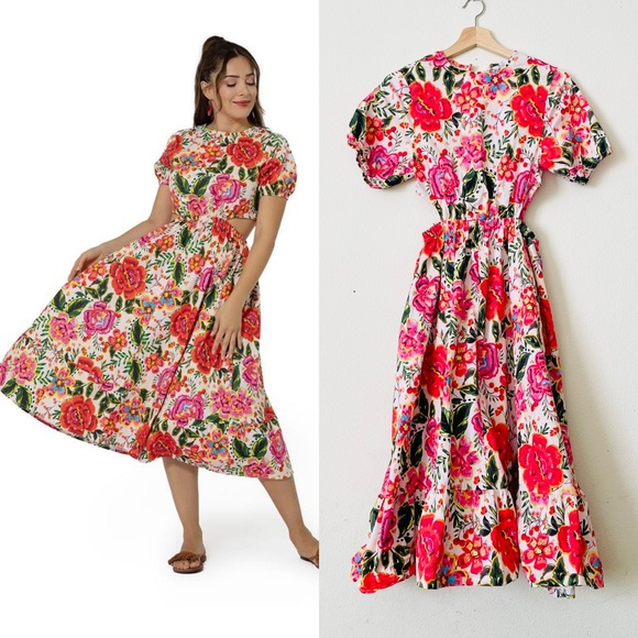 Leota Dresses & Skirts - Leota Floral Midi Dress - Red, Pink, Green